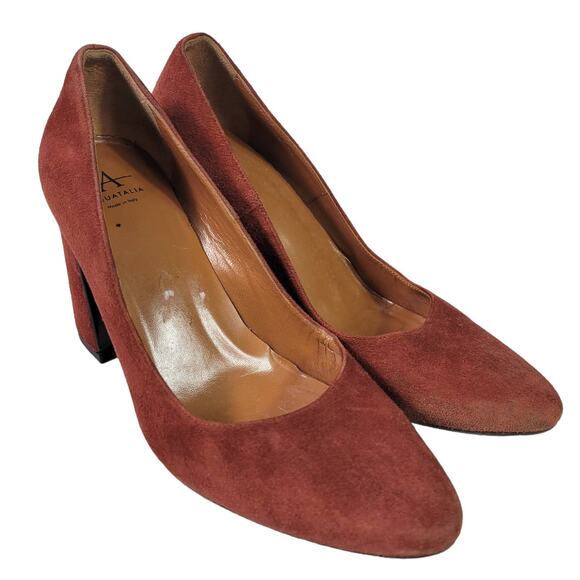 Aquatalia Neely Suede Heels Brown Leather Block Almond Semi Pointed Toe Italy 7 - Picture 3 of 14